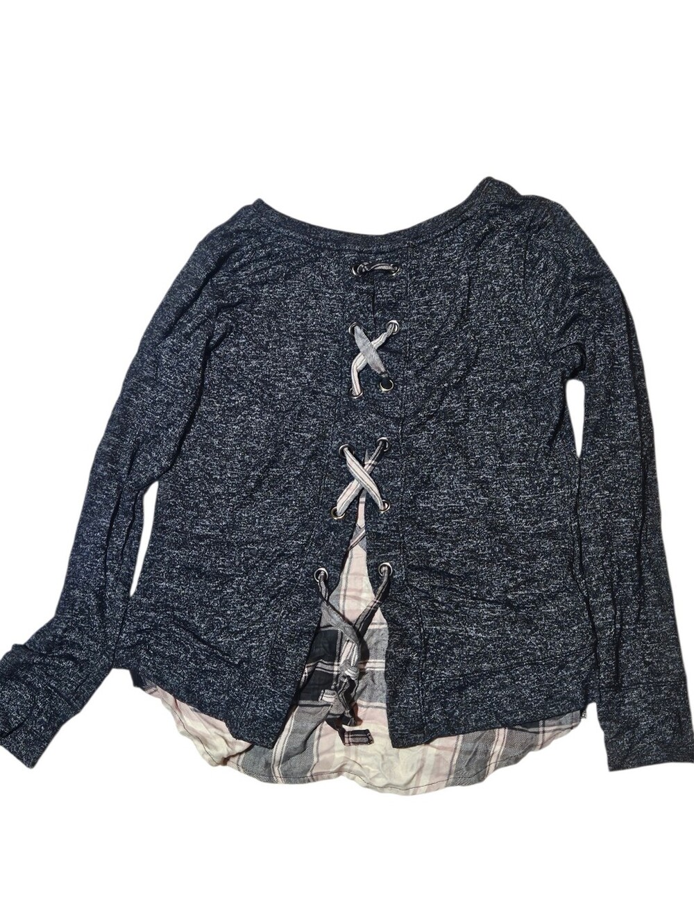 Maurices Navy Lace-Up Front V-Neck Long Sleeve Sweater with Plaid Trim